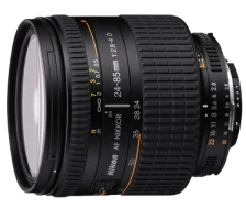 Black camera lens with zoom range markings and focus ring