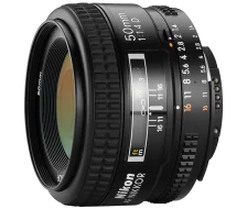 50mm f/1.4 camera lens with black barrel and focus ring