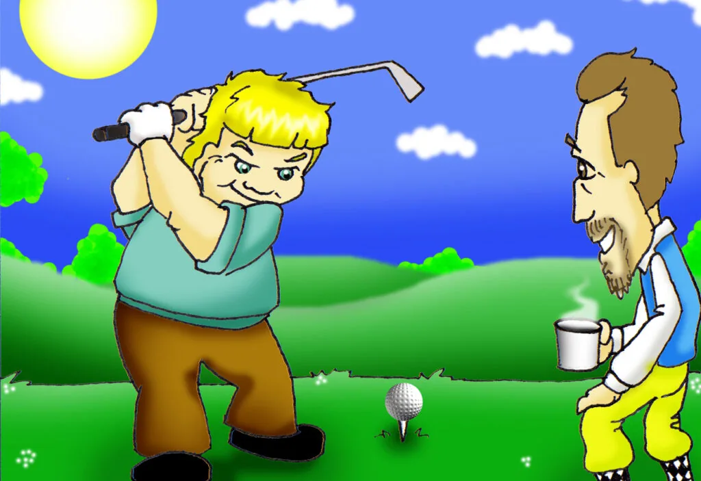 Cartoon man with blonde hair swinging golf club while another man watches holding a cup on sunny golf course