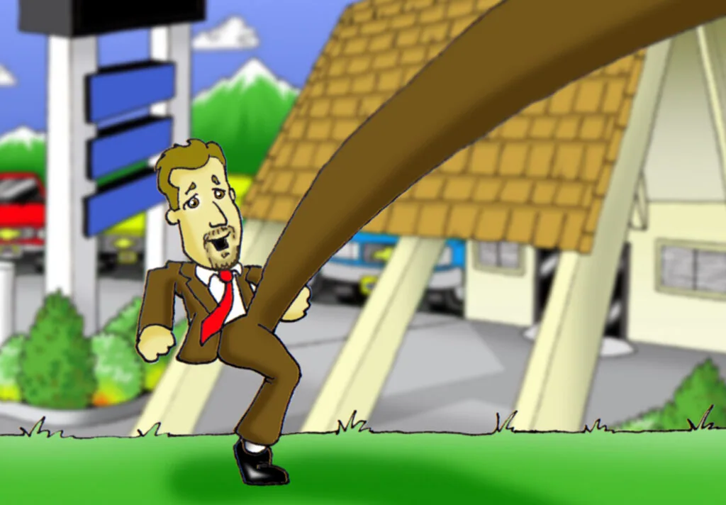 Cartoon man in brown suit and red tie ducking under a large wooden beam in front of a house and gas station