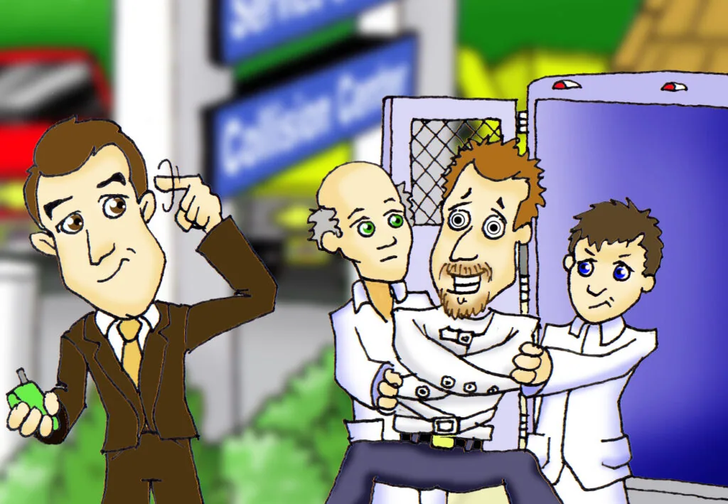 Cartoon illustration of four male characters in business and casual attire standing together indoors