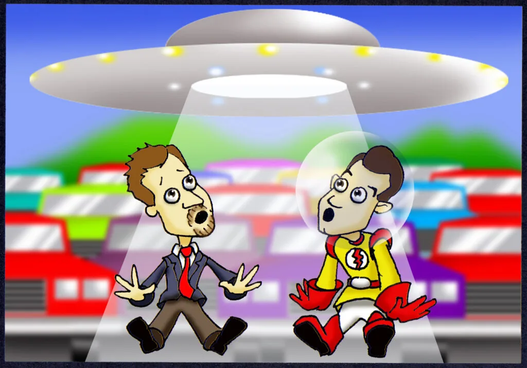 Cartoon characters being abducted by a UFO with a beam of light over a city background