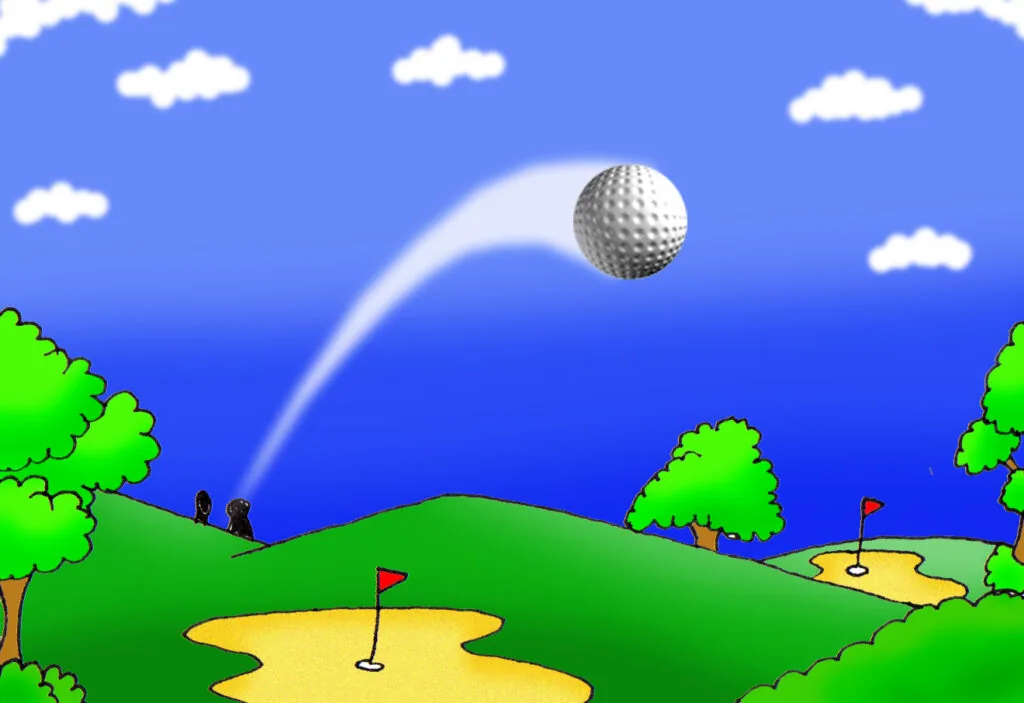 Golf ball in flight over a green course with trees, clouds, and flagged holes under blue sky