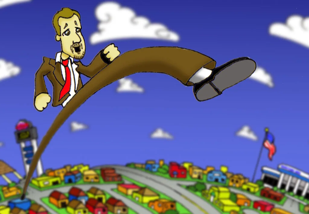 Cartoon man in business suit riding a large curved brown object over a colorful cityscape