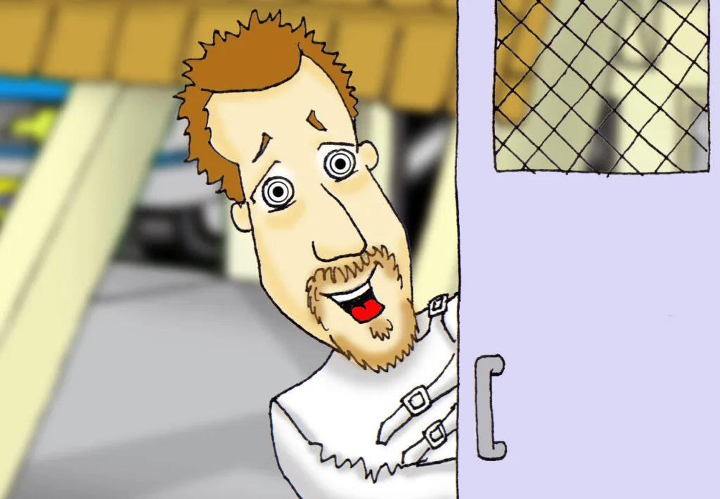 Cartoon man with brown spiky hair and beard peeking around a doorframe with wide-eyed surprised expression