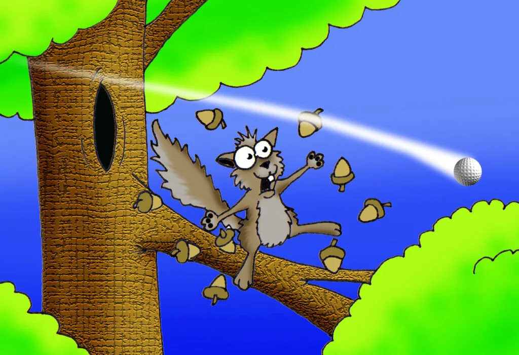 Cartoon squirrel on tree branch juggling acorns with golf ball in blue sky background
