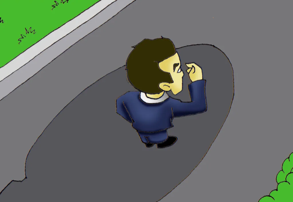 Cartoon character in blue shirt talking on phone while standing on gray ground