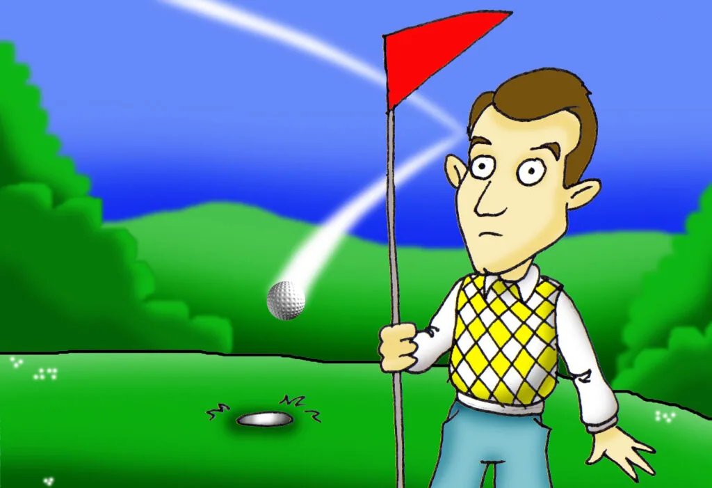 Cartoon golfer holding red flag on green course with ball approaching hole