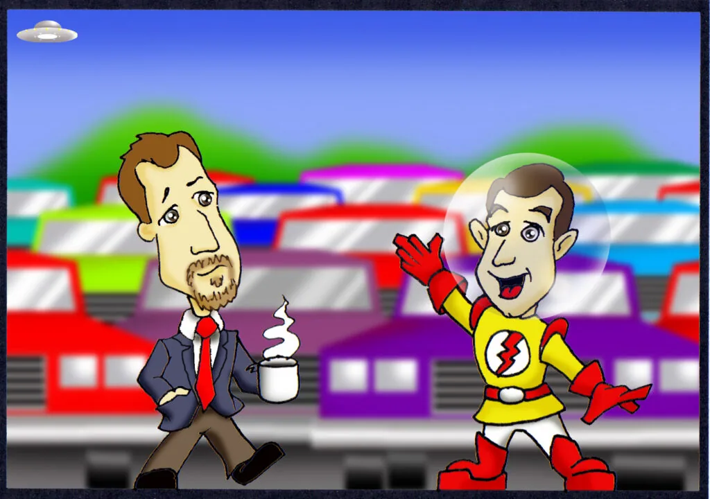 Cartoon man in business suit holding coffee cup next to superhero character in yellow and red costume