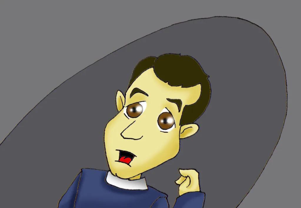 Cartoon character with yellow face, dark hair, and blue shirt with surprised expression