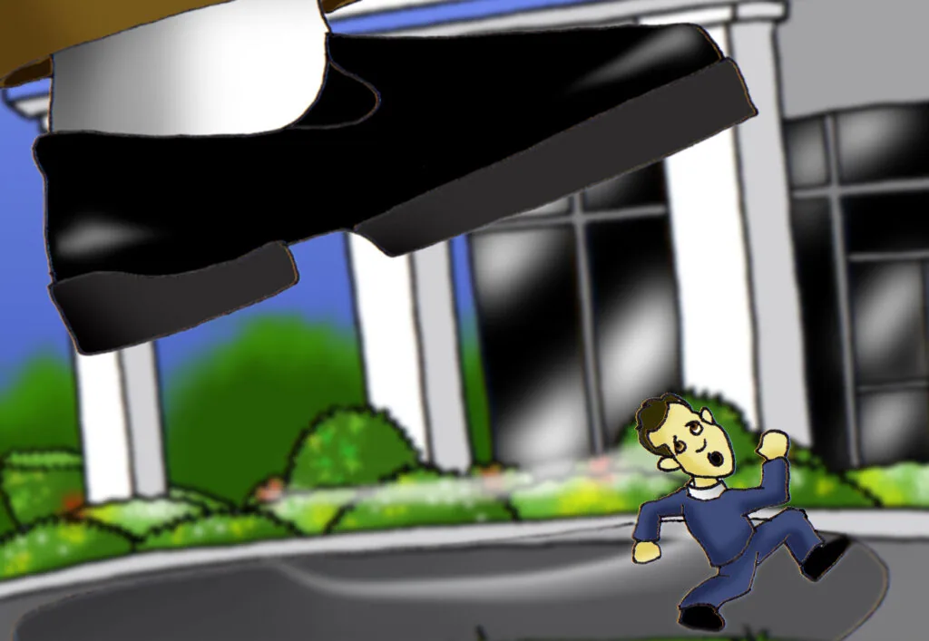Cartoon character in blue outfit running away from large black shapes falling from above in front of modern building
