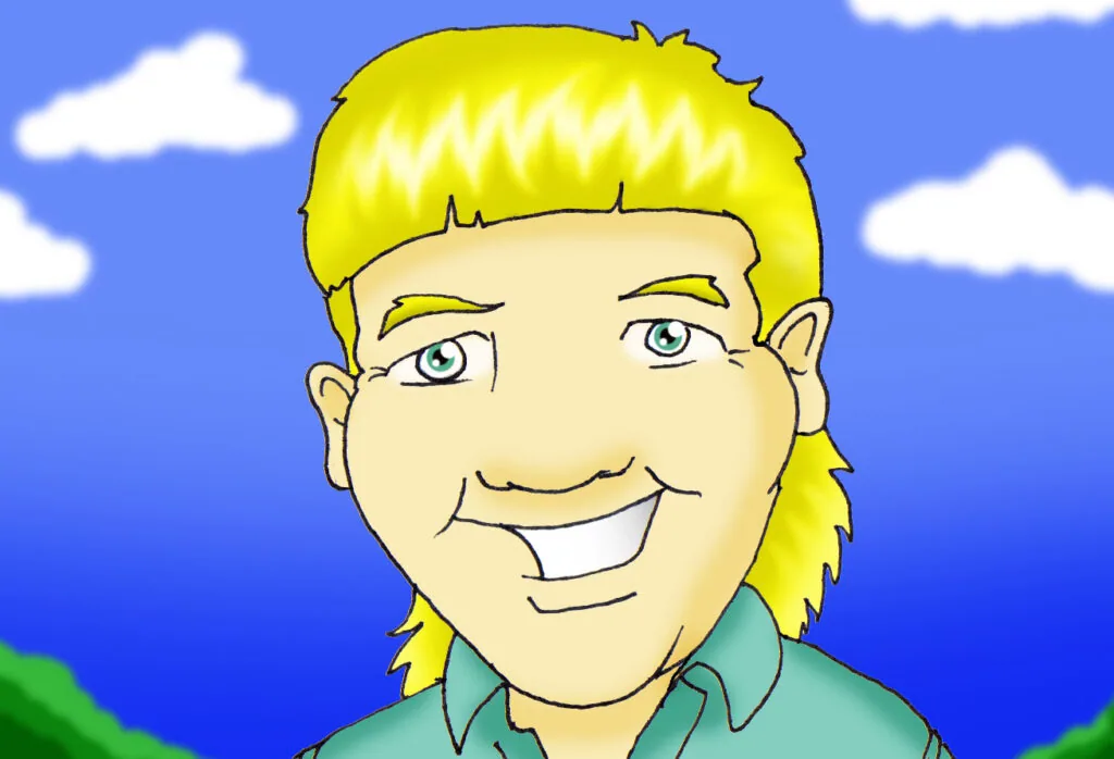 Cartoon character with bright yellow mullet hairstyle and blue eyes, wearing turquoise shirt against blue sky background
