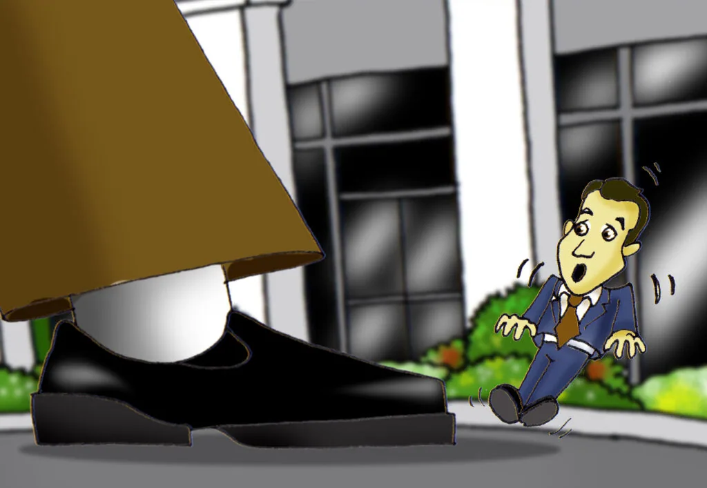 Cartoon businessman in blue suit reacting with shock as large gold object tips toward him