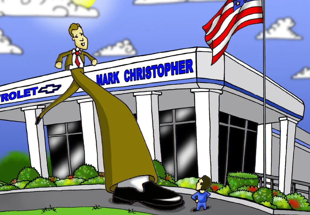 Cartoon illustration of a man in business attire standing on top of a giant shoe outside a Chevrolet dealership building with American flag