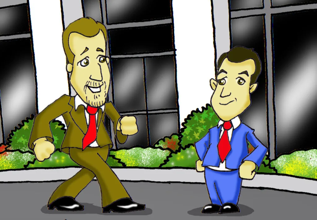 Two cartoon businessmen in suits with red ties standing in front of a building with windows and greenery