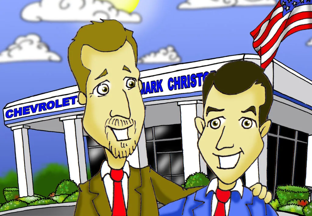 Two cartoon men in business attire standing in front of a Chevrolet dealership with American flag
