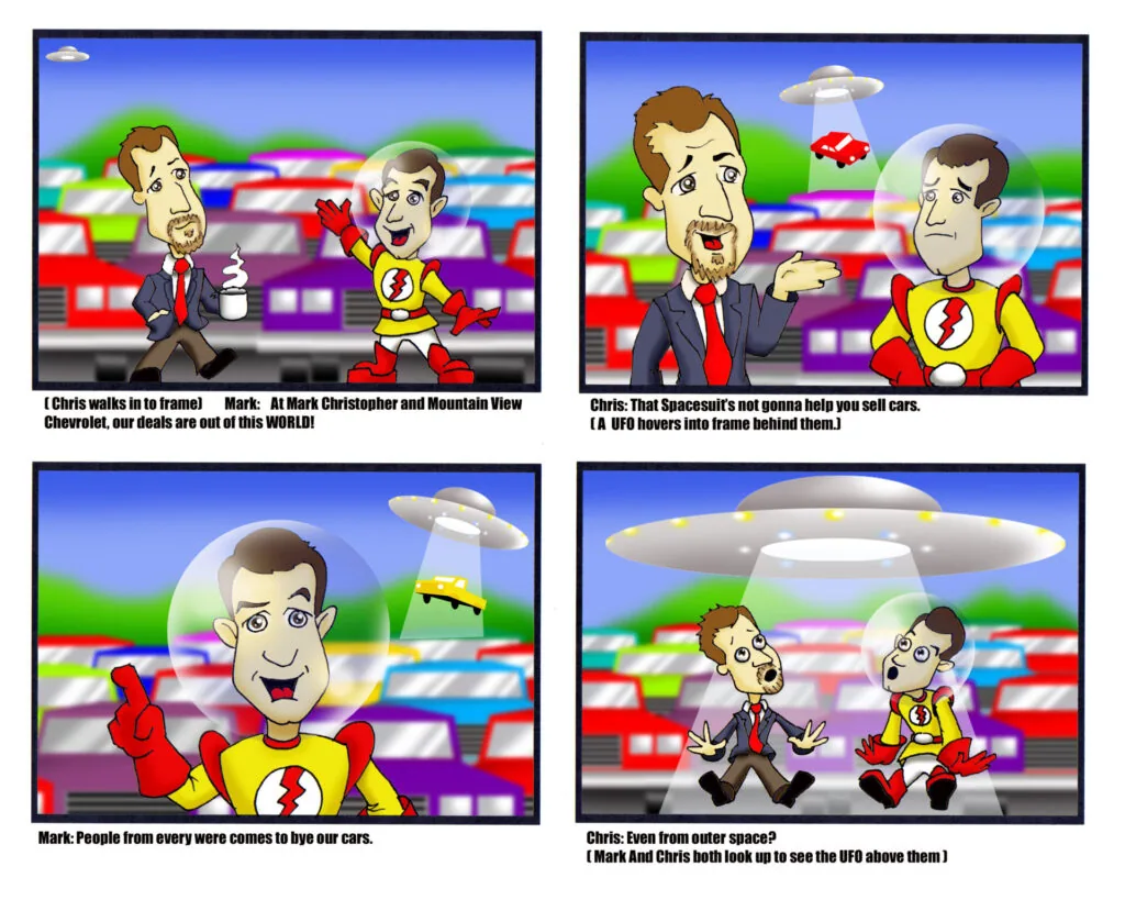Four-panel comic strip showing two cartoon men at a car dealership with UFOs appearing in the sky above