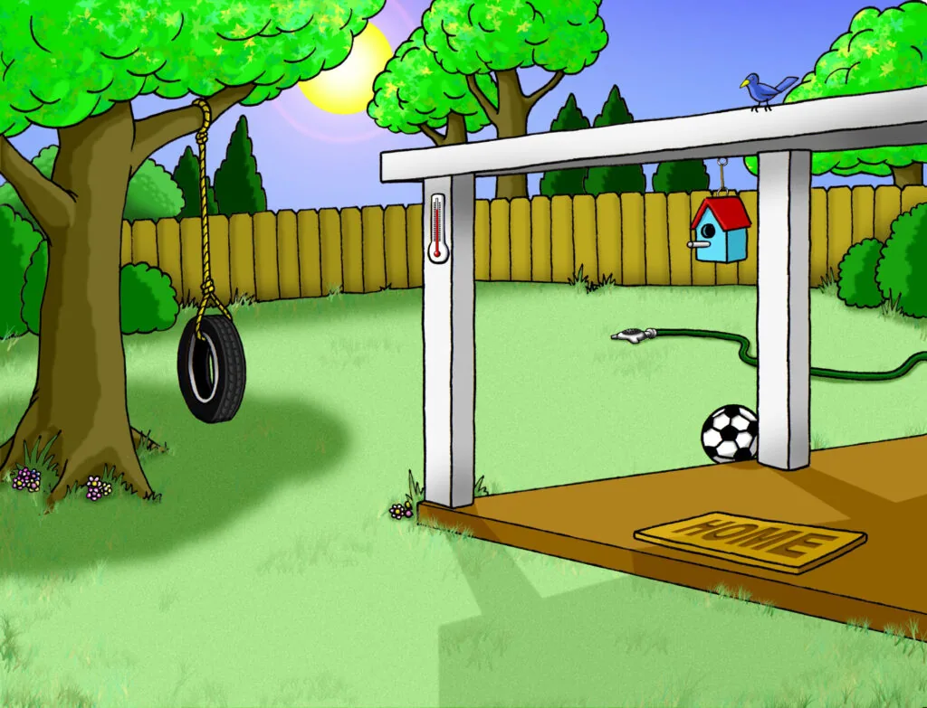 Cartoon backyard scene with tire swing, pergola, wooden fence, soccer ball, garden hose, and birdhouse