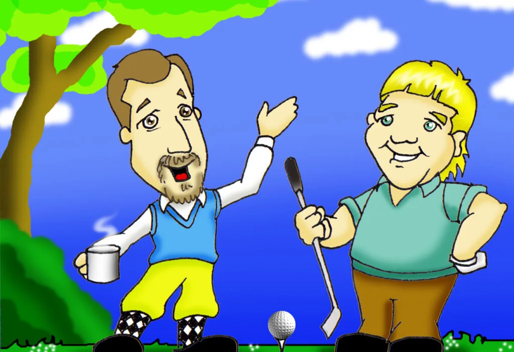 Two cartoon men playing golf outdoors under a tree with blue sky and clouds behind them