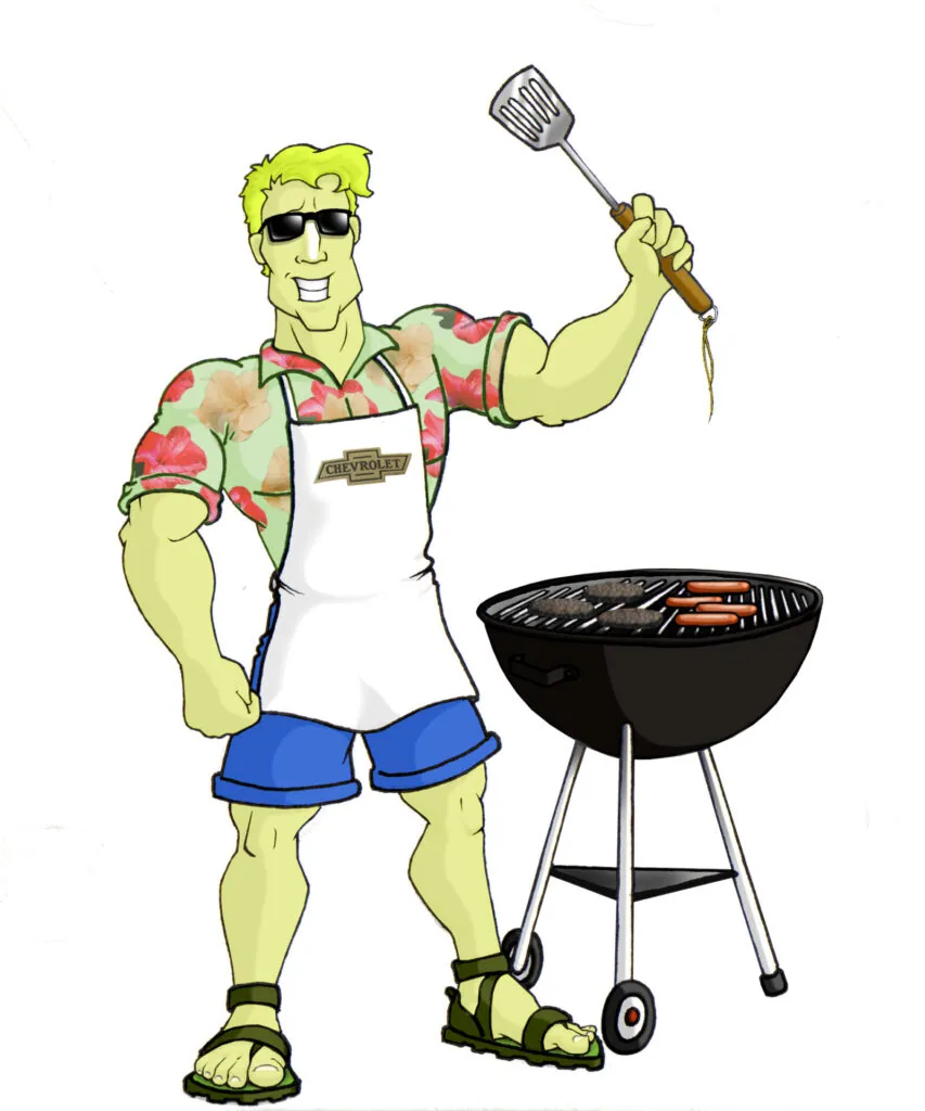 Cartoon man with yellow skin and sunglasses wearing floral shirt and apron, holding a spatula next to a black grill with food cooking