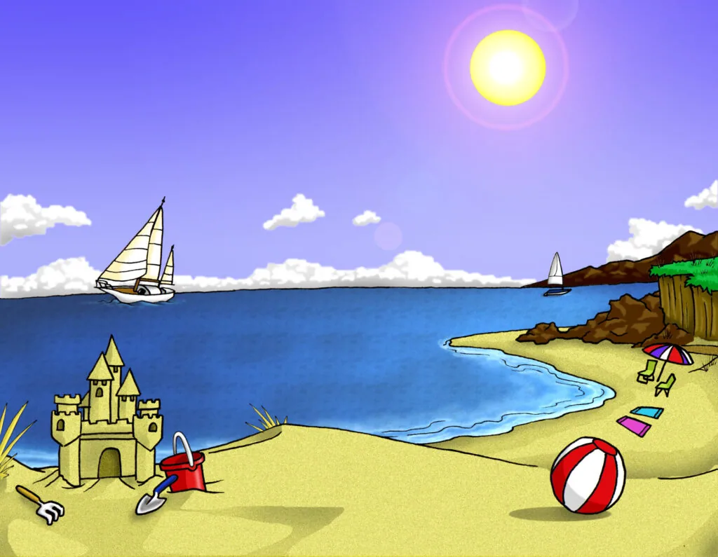 Cartoon beach scene with sandcastle, beach ball, sailboats, and umbrella under bright sun