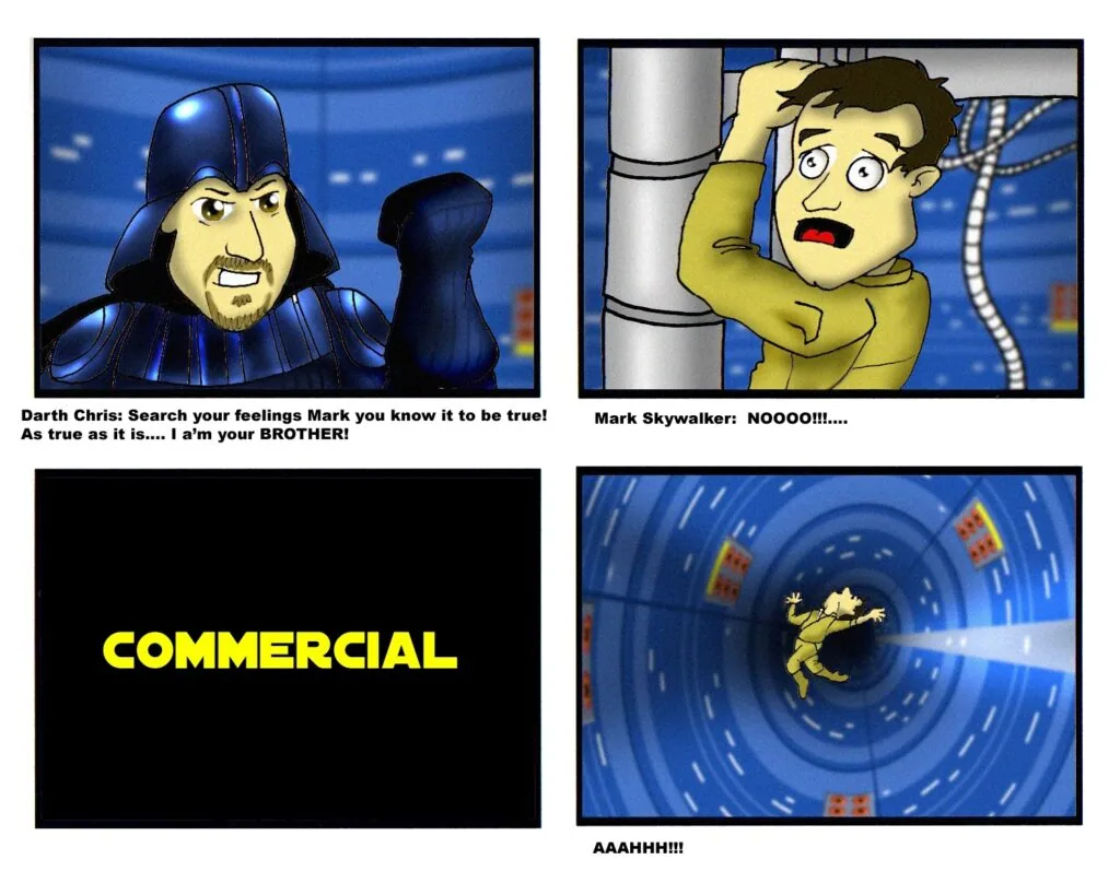 Four-panel animated sequence parodying Star Wars with a character in dark armor revealing he is the brother of another character, followed by a commercial break and a falling scene