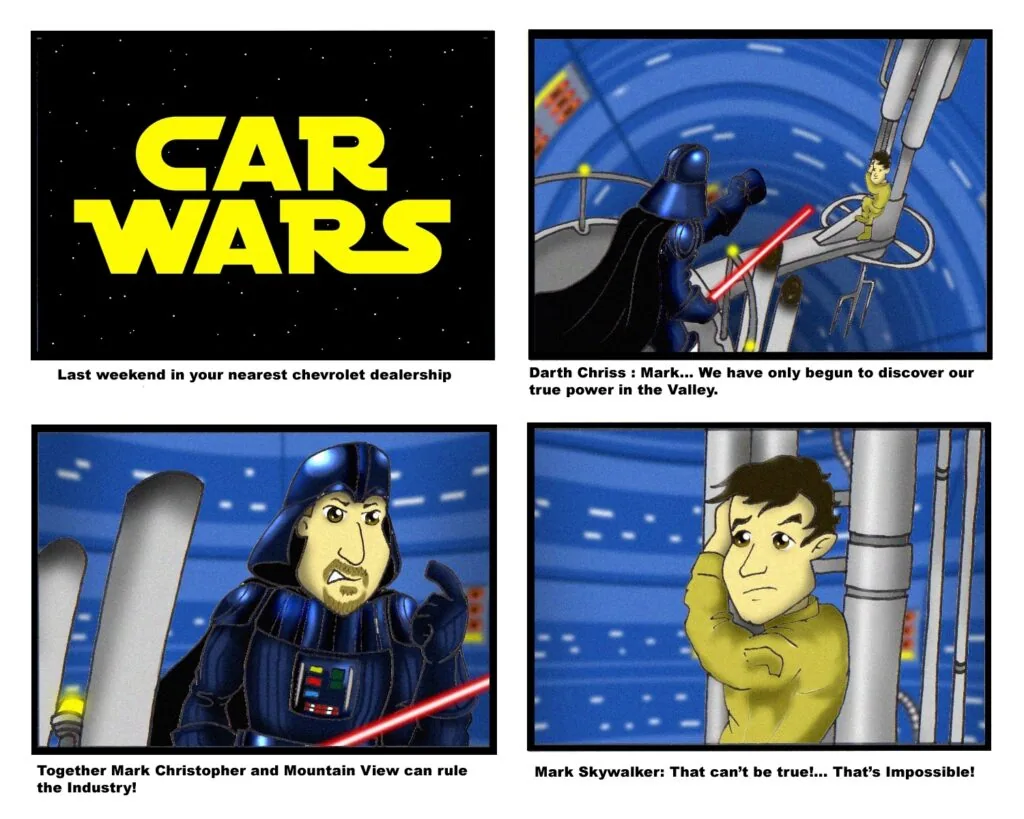 Four-panel comic meme titled 'Car Wars' parodies Star Wars with characters in car dealership setting, including dialogue about discovering power and ruling the industry