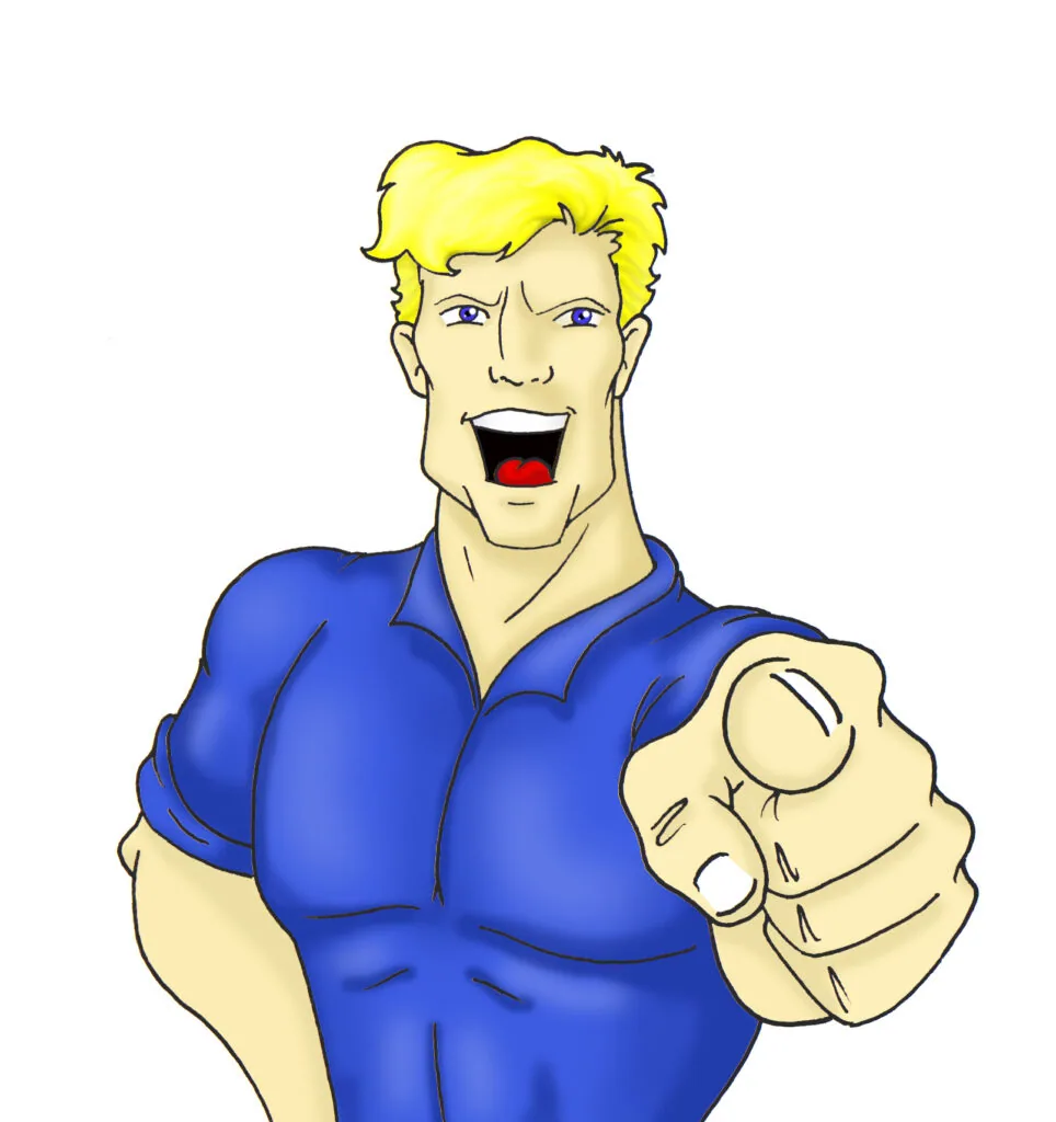 Cartoon man with yellow hair wearing blue shirt pointing directly at viewer with wide smile