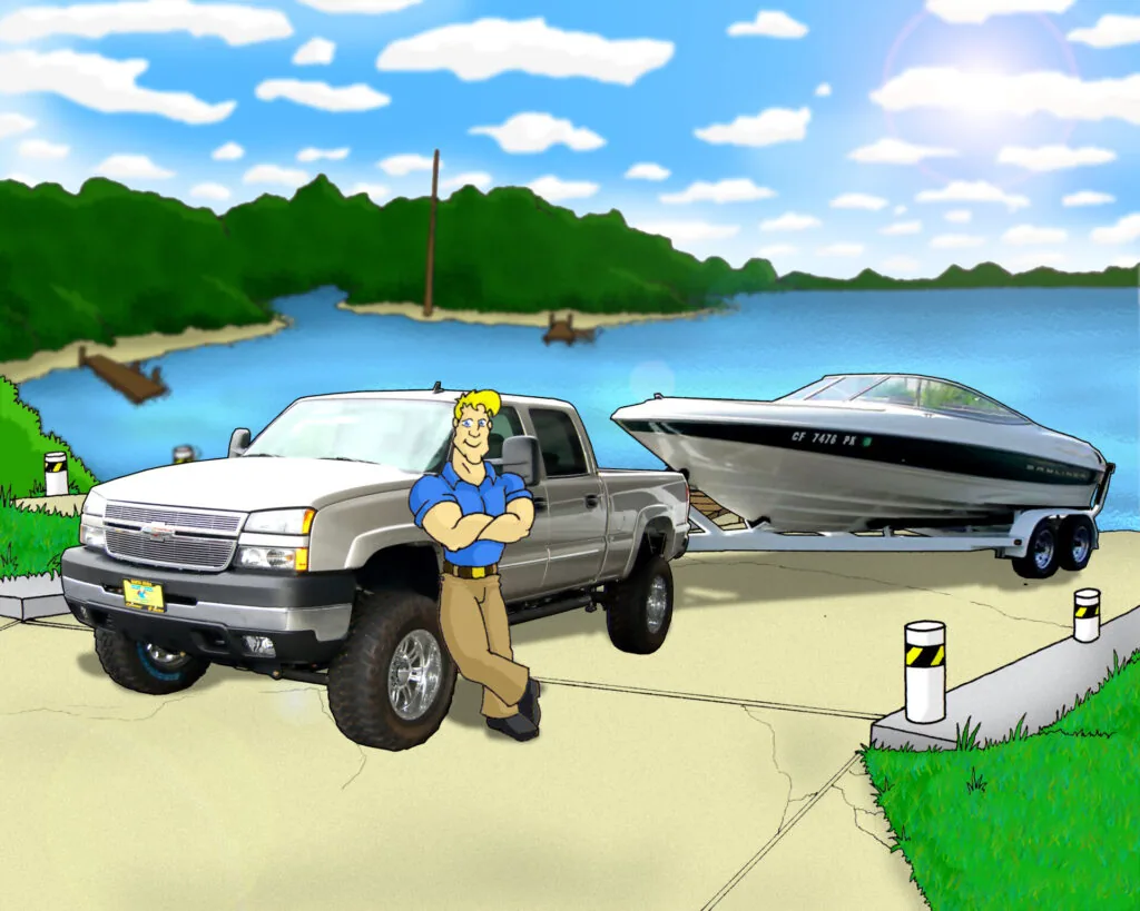 Cartoon man in blue shirt standing next to gray pickup truck towing a speedboat at a sandy ramp near water