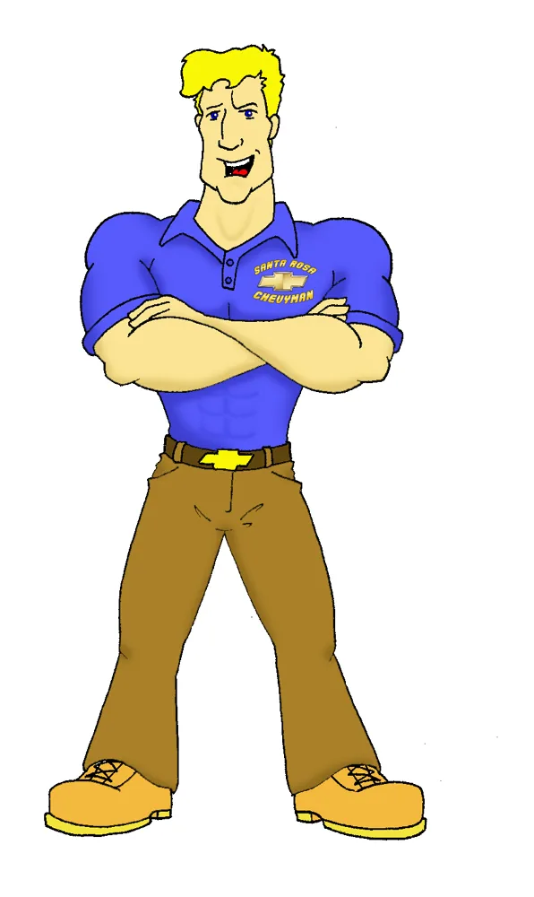 Cartoon character with blonde hair wearing blue shirt and brown pants, arms crossed, smiling