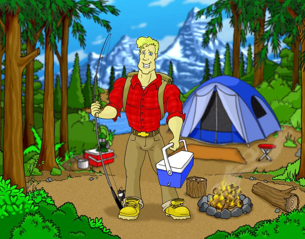 Cartoon man in red jacket holding fishing rod at mountain campsite with tent and cooler
