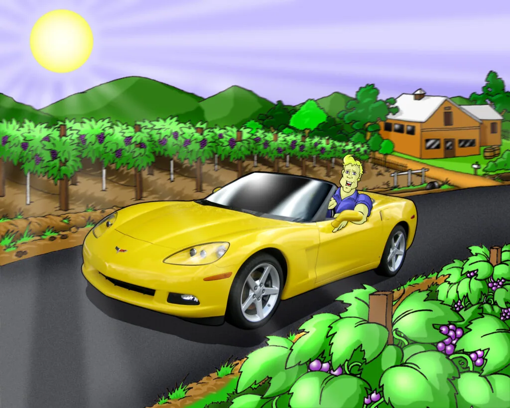 Cartoon illustration of a man driving a yellow sports car on a rural road with berry bushes, vineyard, farmhouse, and rolling hills under a bright sun