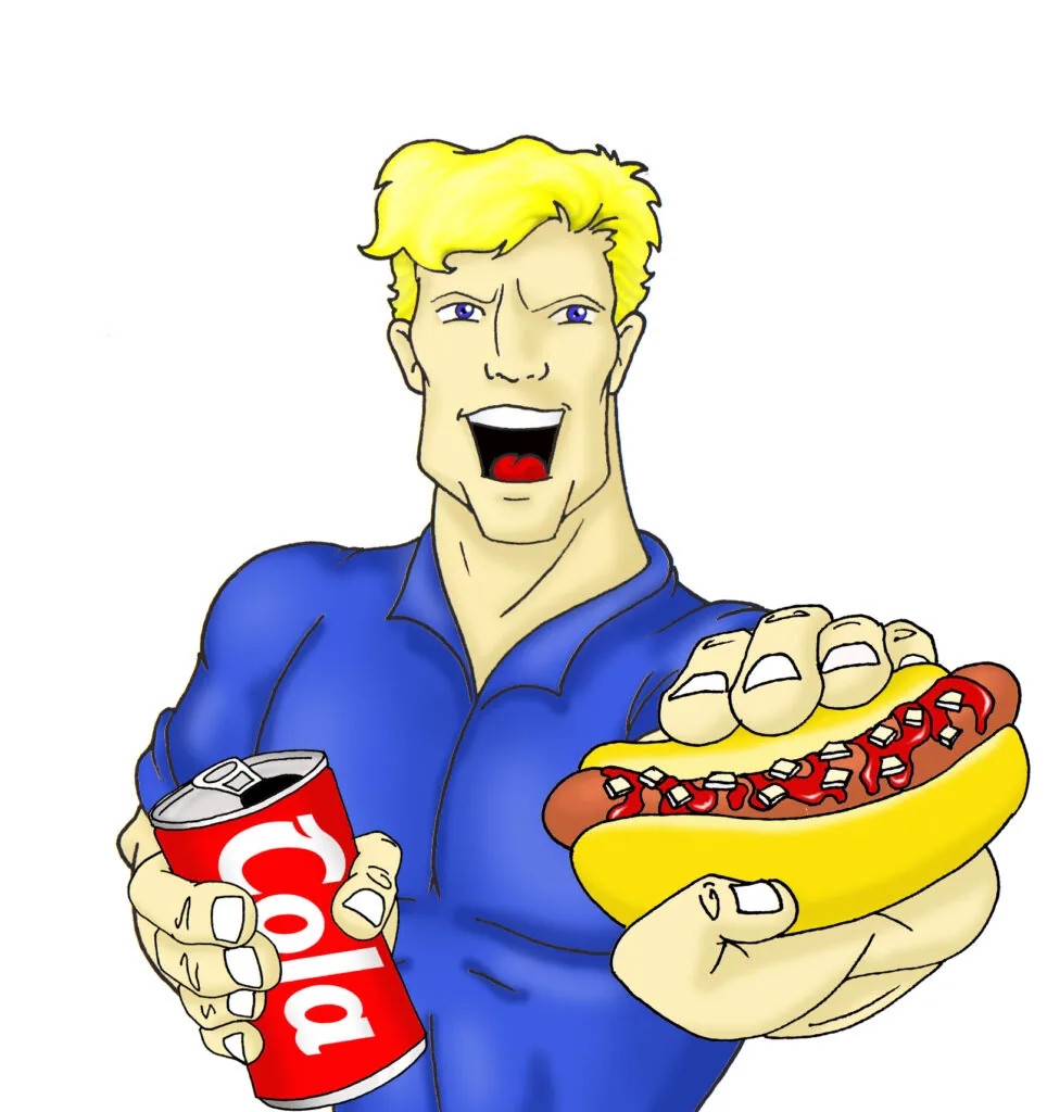 Animated man with yellow hair in blue shirt holding soda can and hot dog with toppings
