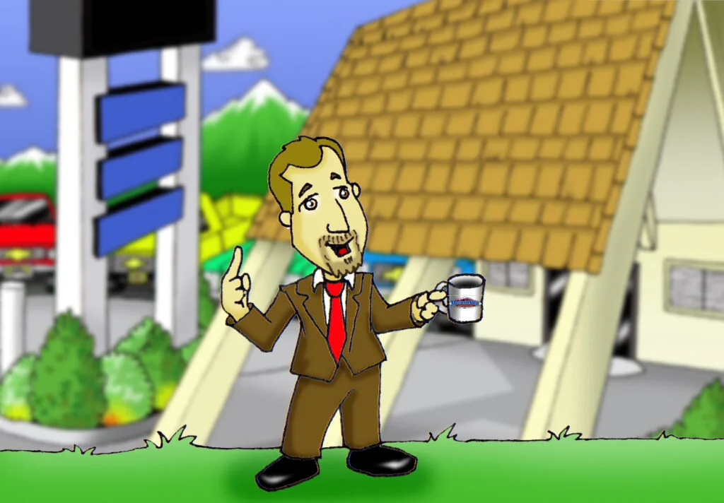 Cartoon man in brown suit and red tie holding paint can, standing in suburban street with traffic light and house