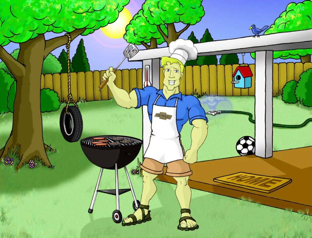 Cartoon man in chef's hat and apron grilling burgers in backyard with tire swing and yellow fence