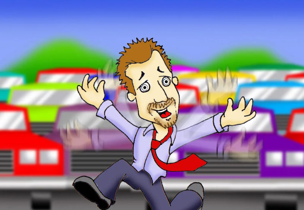 Animated cartoon man in business attire jumping with arms raised in front of a colorful car dealership lot