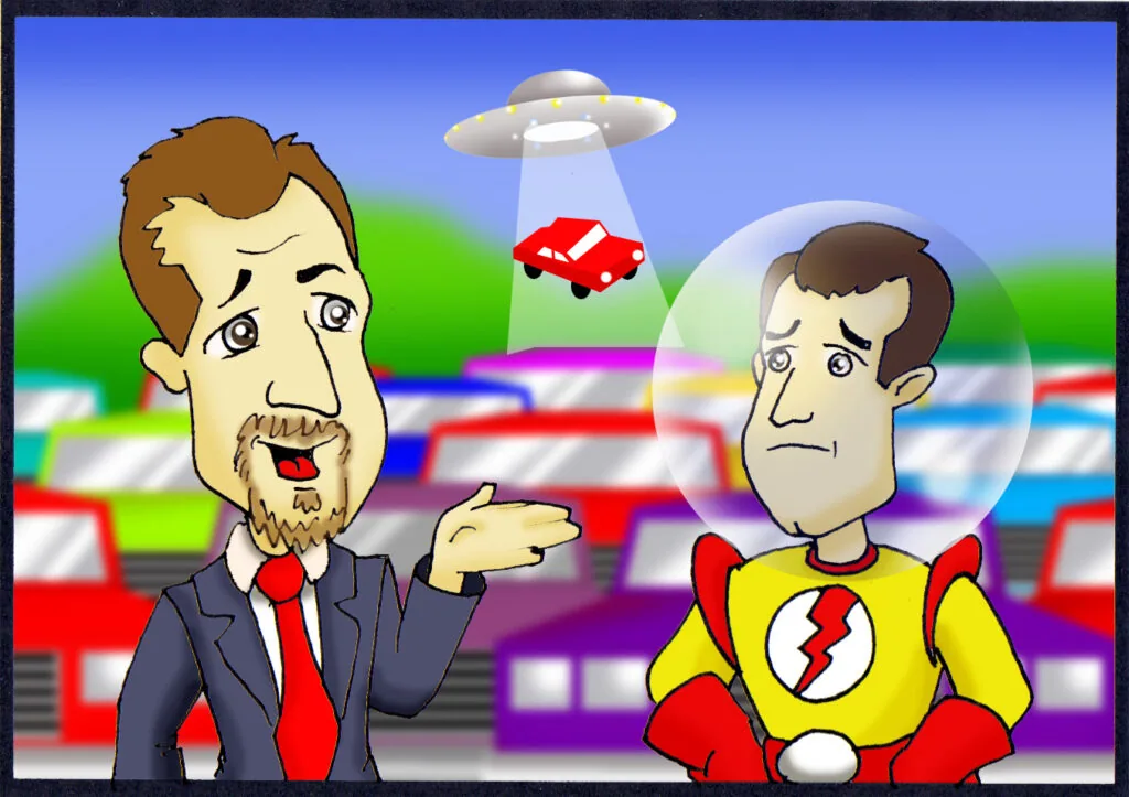 Cartoon man in business suit pointing at superhero while UFO abducts red car in background