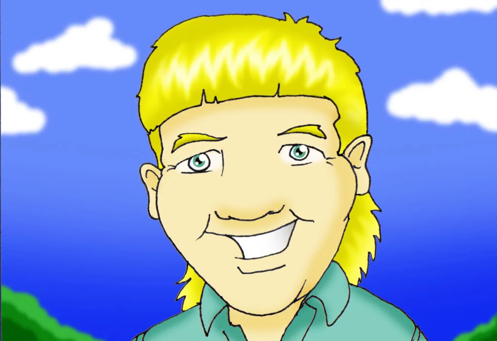 Cartoon character with bright yellow mullet hairstyle and blue eyes wearing turquoise shirt against blue sky background