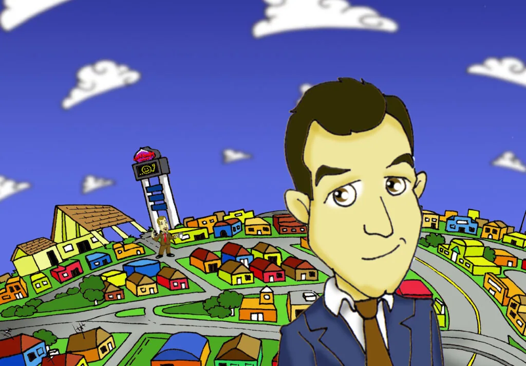Animated man in business suit standing in front of colorful suburban neighborhood with houses and roads