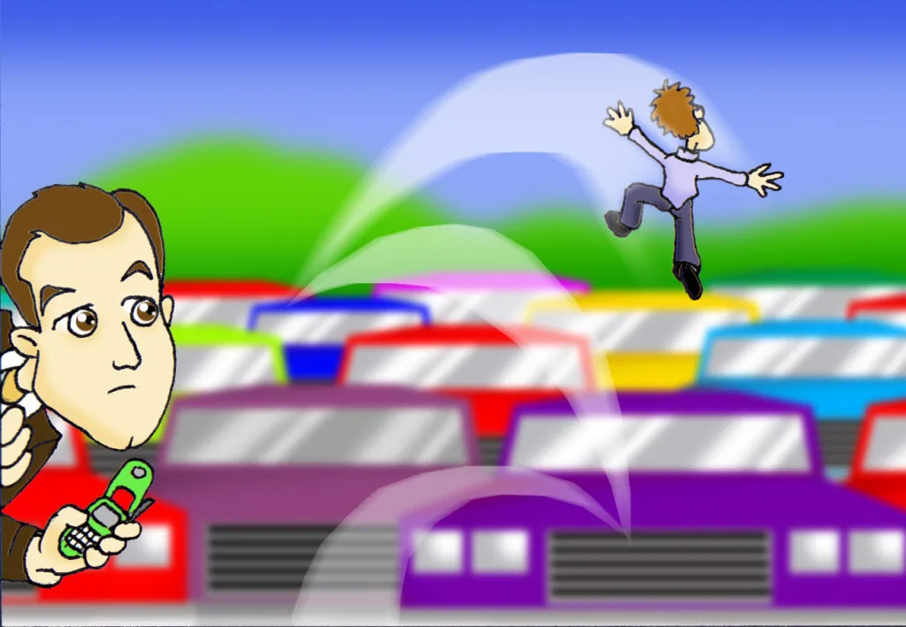 Cartoon man with microphone on left, jumping figure in air on right, with blurred colorful train cars and green landscape background