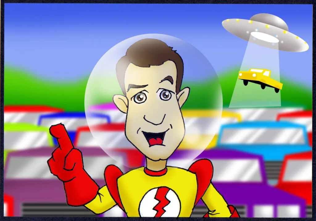 Cartoon character in yellow superhero suit with red gloves pointing upward, UFO spaceship in background with green landscape and colorful buildings