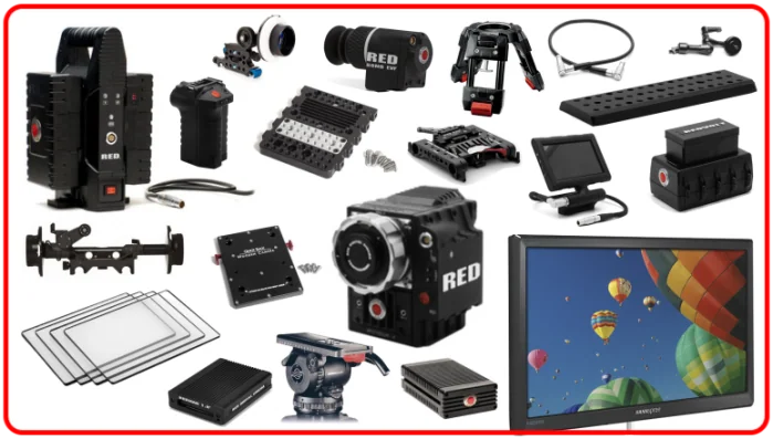 RED camera with professional video production accessories including lenses, monitors, storage, tripod, and cables arranged on white background.