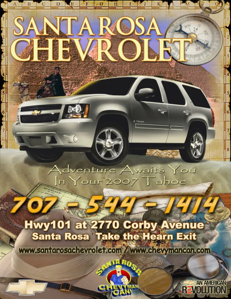 Santa Rosa Chevrolet advertisement featuring silver 2007 Tahoe SUV with compass and adventure theme