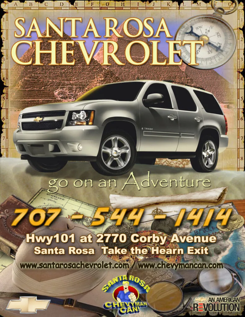 Silver Chevrolet Tahoe SUV with compass and map graphics advertising Santa Rosa Chevrolet dealership