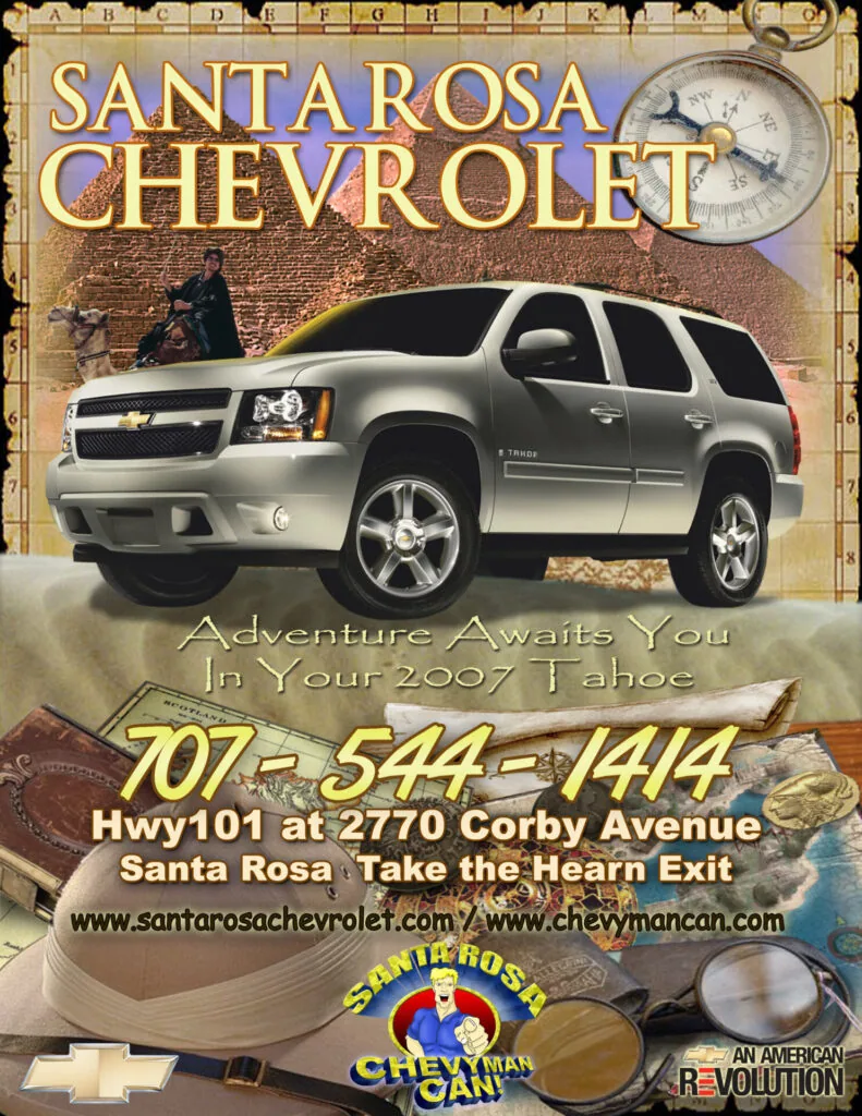 Santa Rosa Chevrolet dealership advertisement featuring silver Tahoe SUV with adventure theme and contact information