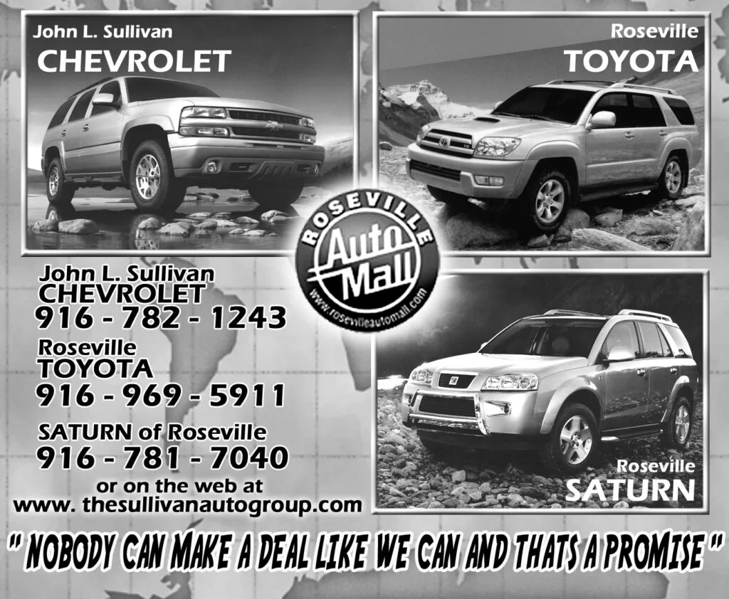 Black and white advertisement for Roseville Auto Mall featuring three SUV vehicles from Chevrolet, Toyota, and Saturn dealerships with contact information and website.
