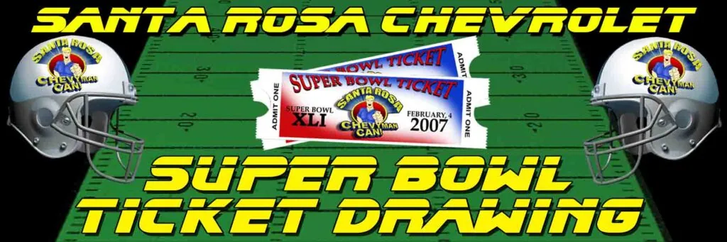 Santa Rosa Chevrolet Super Bowl ticket drawing promotional banner with football helmets and tickets on green field background