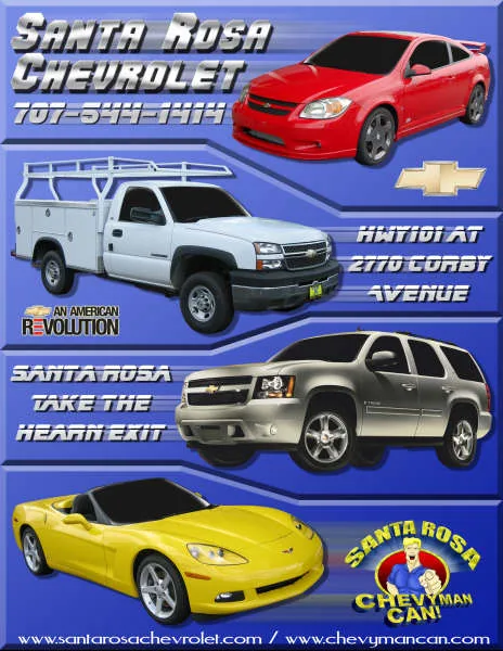 Chevrolet dealership advertisement featuring four vehicles: red sedan, white pickup truck, silver SUV, and yellow sports car on blue background