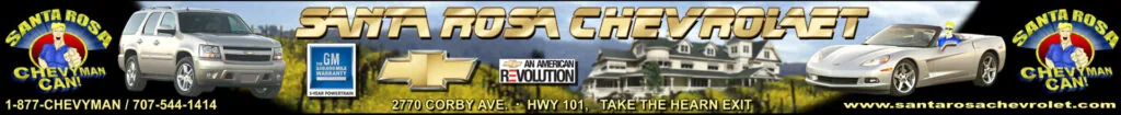 Santa Rosa Chevrolet dealership banner featuring white pickup trucks, SUV, and sports car with dealership logo, phone number, and website