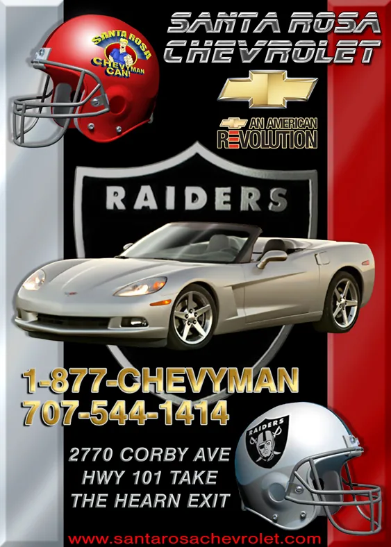 Santa Rosa Chevrolet advertisement featuring silver Corvette sports car with football helmets and Raiders logo